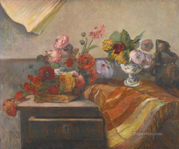 Impressionist Still Life Painting - BOUQUETS ET CERAMIQUE SUR UNE COMMODE still life flowers Paul Gauguin impressionistic